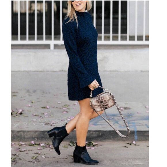 Anthropologie Blue Floral Knit Mini Dress Small Mock Neck Long Sleeve Stretch - Picture 6 of 8